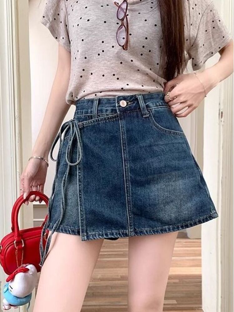 Denim Shorts Women - Saia-Calça Jeans Feminina de Cintura Alta