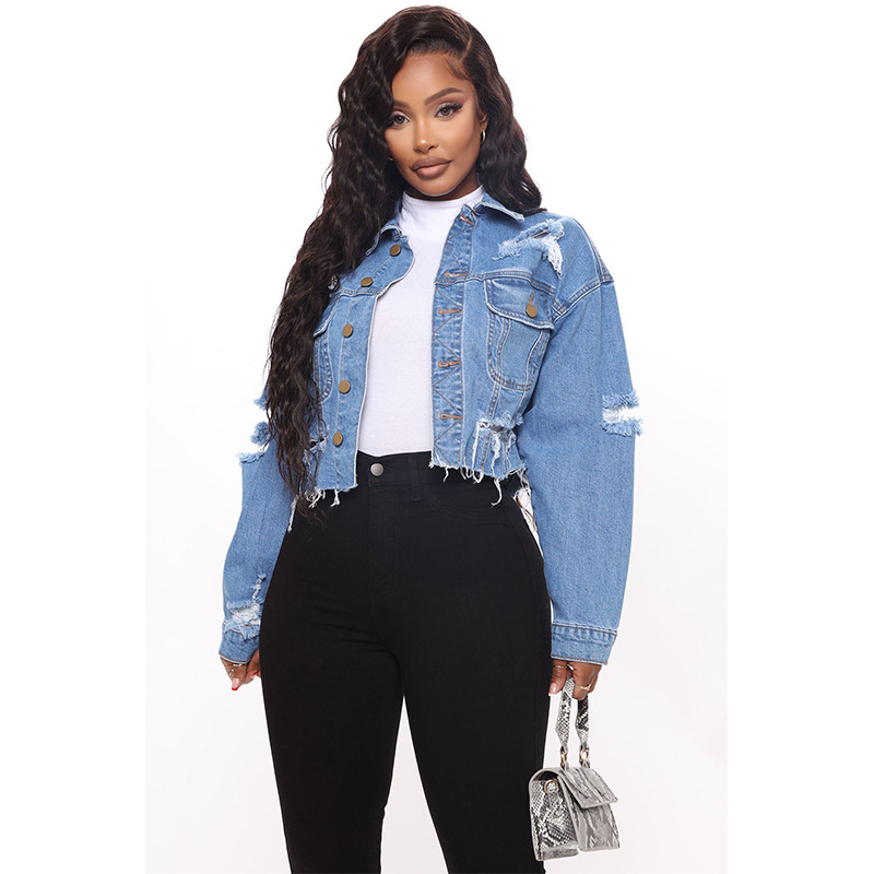 Women'S Fashion Denim Jacket - Jaqueta curta jeans rasgada lavada. Nova