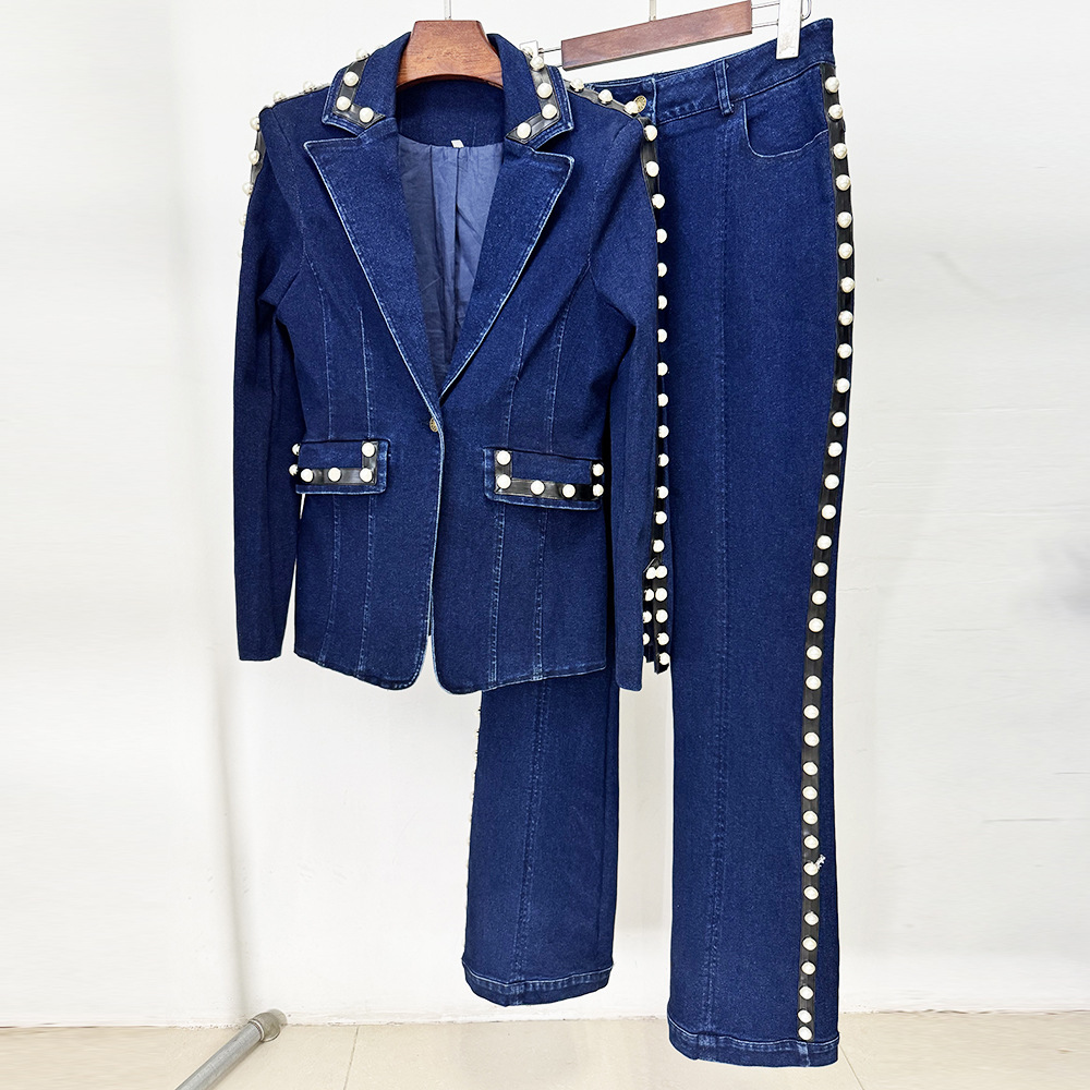 Women'S Fashion Denim Jacket - Conjunto de Jaqueta Jeans com Miçangas