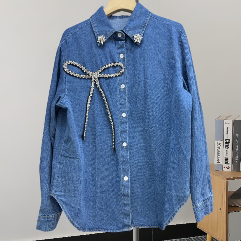 Women'S Fashion Denim Jacket - Camisa jeans feminina com laço de