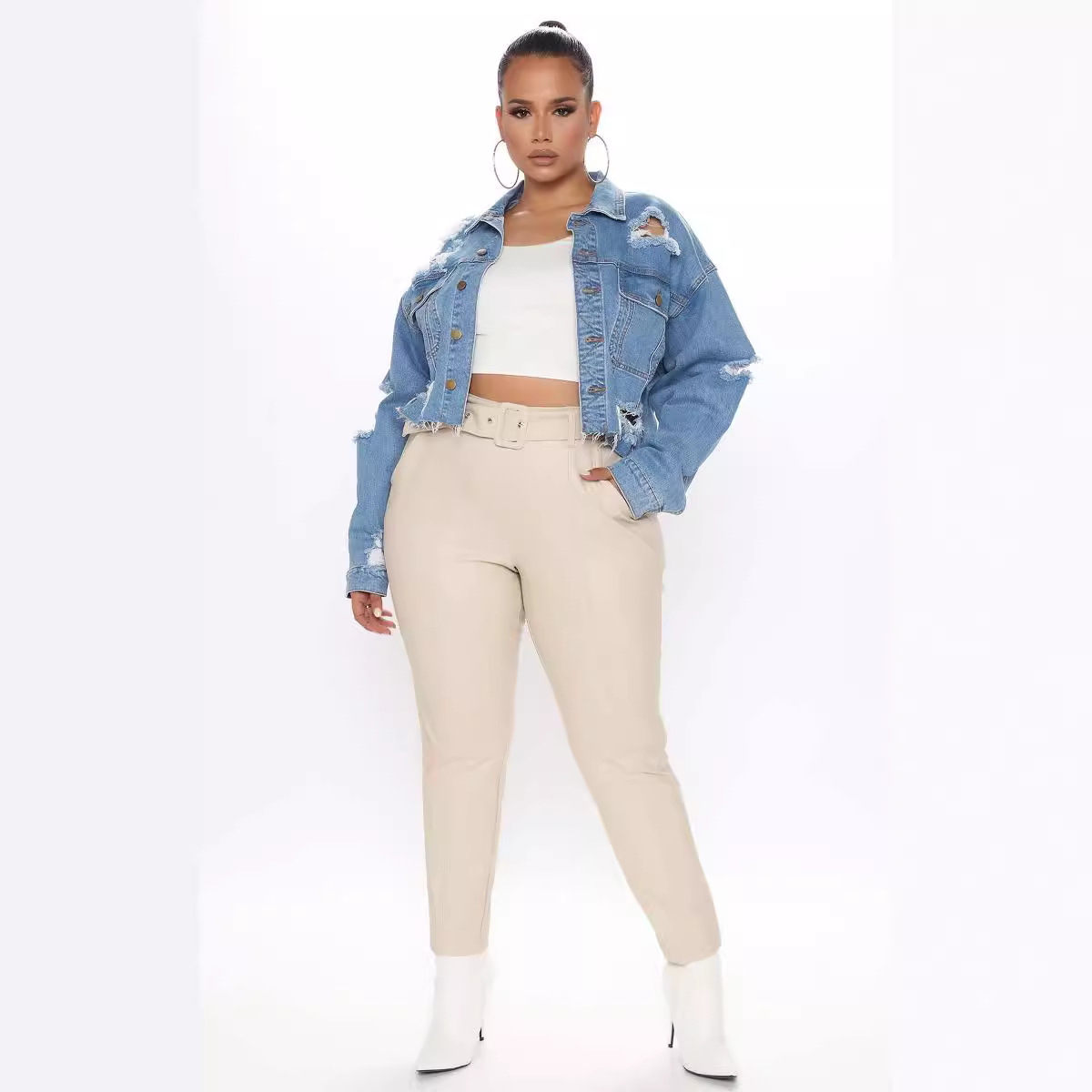 Jaqueta curta jeans rasgada la - Women'S Fashion Denim Jacket avaliação e preço