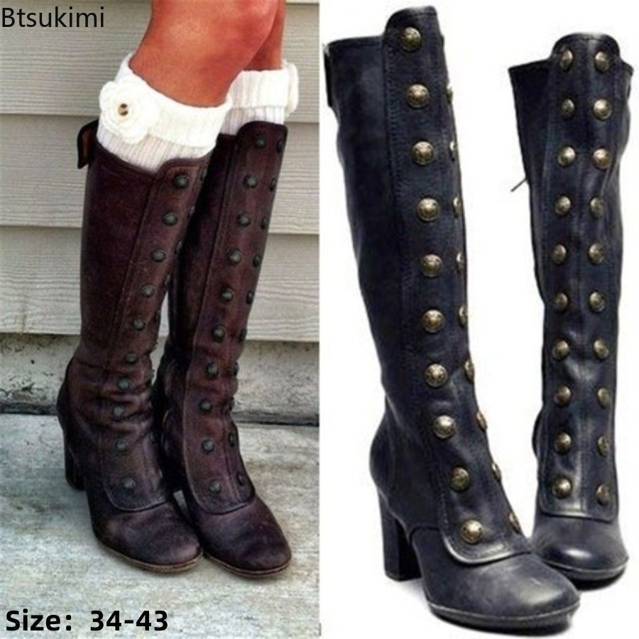Botas Retrô Pretas com Rebites - Women'S Fashion Knee High Boots avaliação e preço