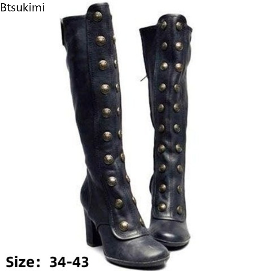 Botas Retrô Pretas com Rebites - Women'S Fashion Knee High Boots avaliação e preço