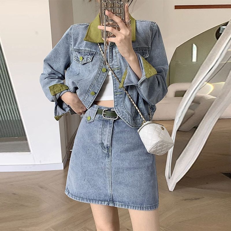 Casacos jeans mini saias conju - Women'S Fashion Denim Jacket avaliação e preço