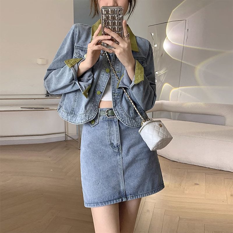 Casacos jeans mini saias conju - Women'S Fashion Denim Jacket avaliação e preço