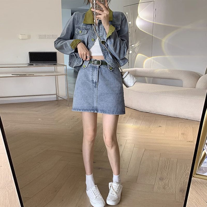 Casacos jeans mini saias conju - Women'S Fashion Denim Jacket avaliação e preço