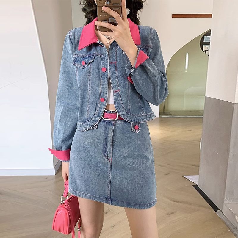 Casacos jeans mini saias conju - Women'S Fashion Denim Jacket avaliação e preço
