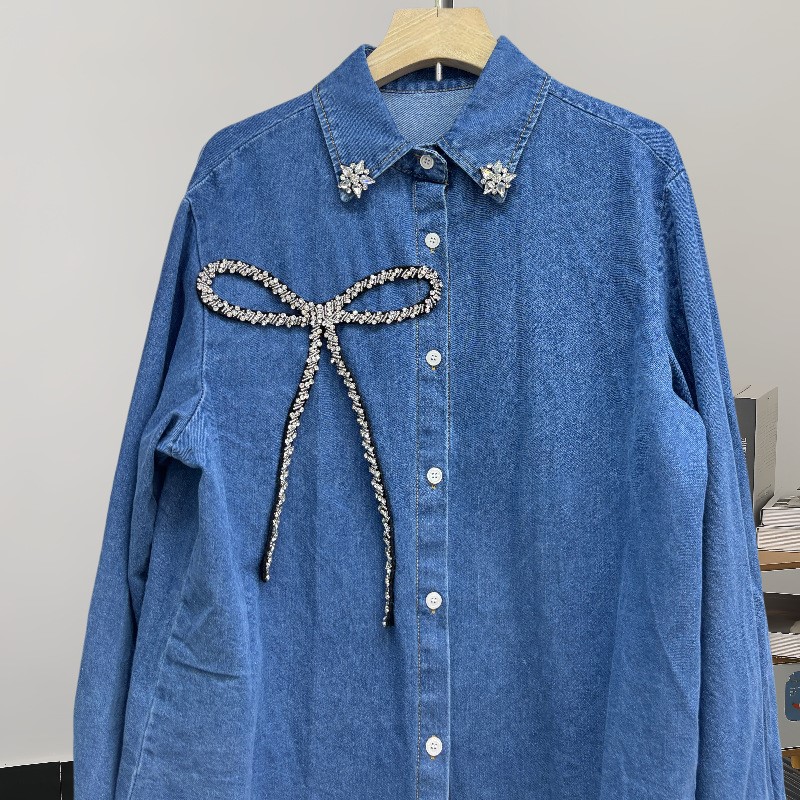 Camisa jeans feminina com laço - Women'S Fashion Denim Jacket avaliação e preço