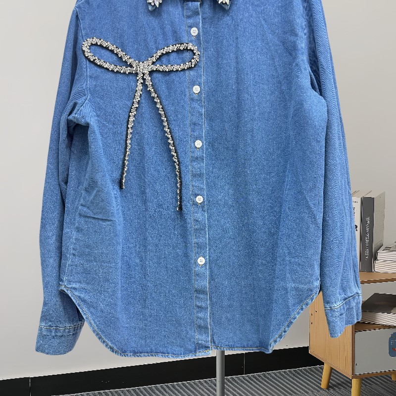 Camisa jeans feminina com laço - Women'S Fashion Denim Jacket avaliação e preço