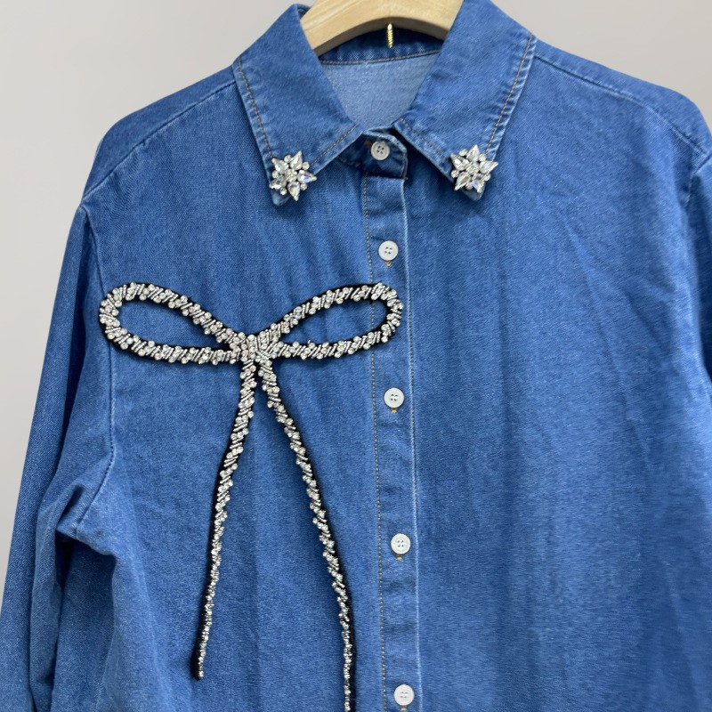 Camisa jeans feminina com laço - Women'S Fashion Denim Jacket avaliação e preço